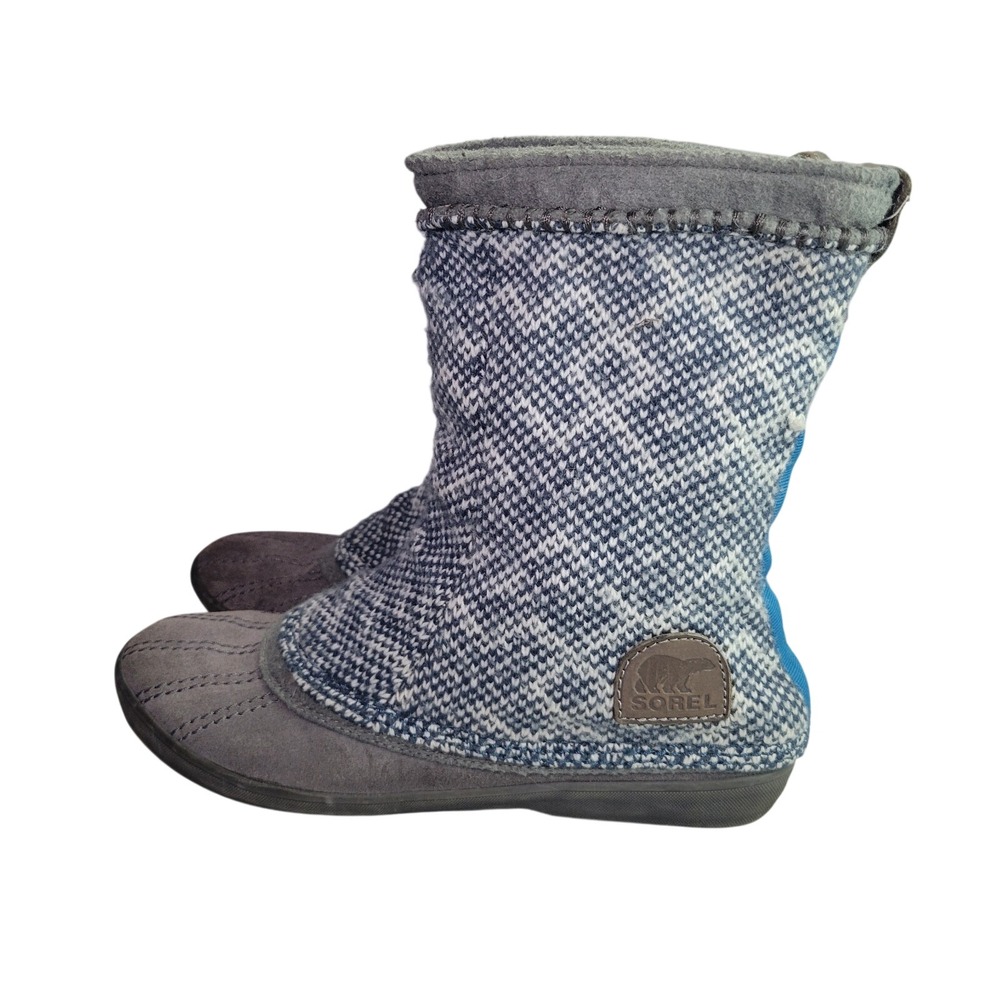 Sorel Knit Suede Winter Boots Blue White Grey Geometric Duck Toe Pull On Womens